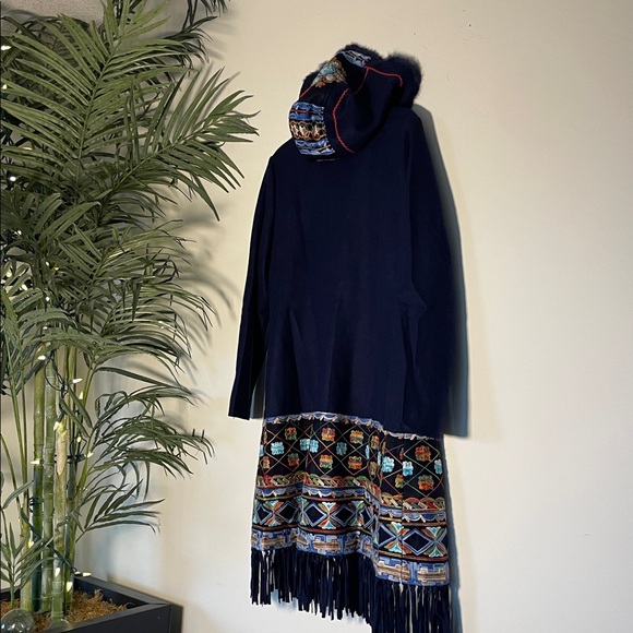BOHO Navy Hooded Coat – Multi-Color Embroidery & Rabbit Fur Trim & Fringe Hem - Picture 4 of 16
